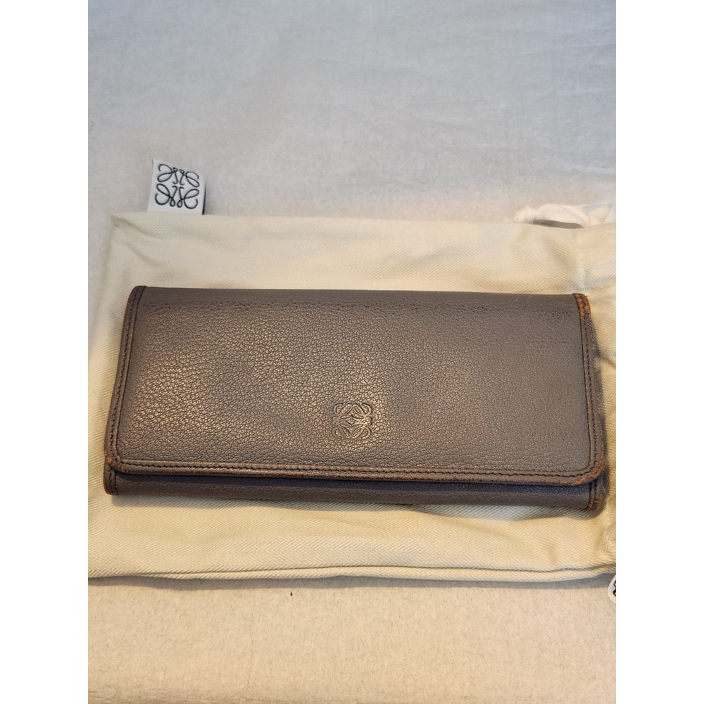 LOEWE Long Wallet Authentic Gray Grey Beautiful Gold Lock Charm Dust Bag